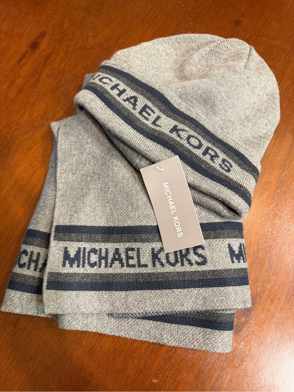 Michael Kors Gray and Navy Logo Knit Beanie & Scarf Set